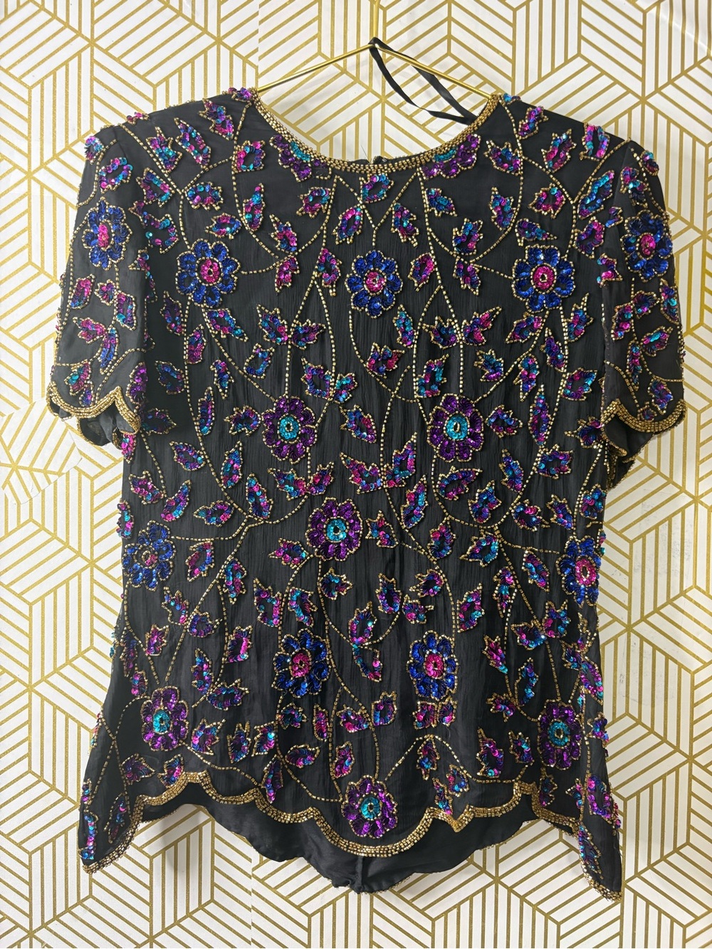 Vintage Papell Boutique evening Black Short Sleeve Beaded sequins Top Large